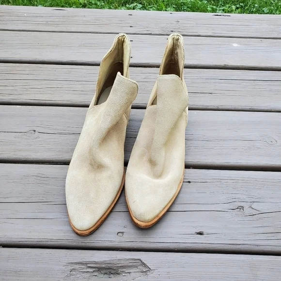 Free People Charm Camel Tan Suede Leather Pointed Toe Chunky Ankle Boots Booties - Picture 5 of 9